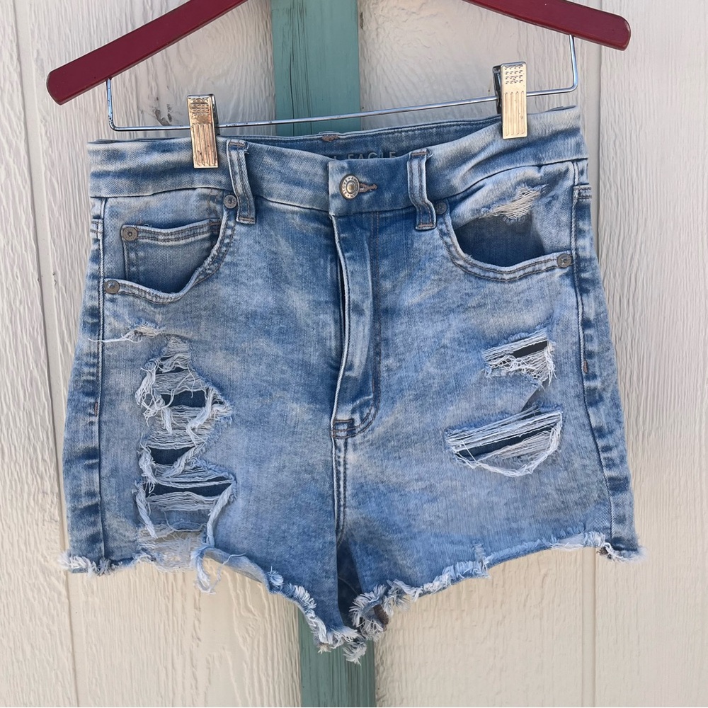 American Eagle Curvy Hi Rise Shortie Distressed Raw Hem Denim Shorts Size 6